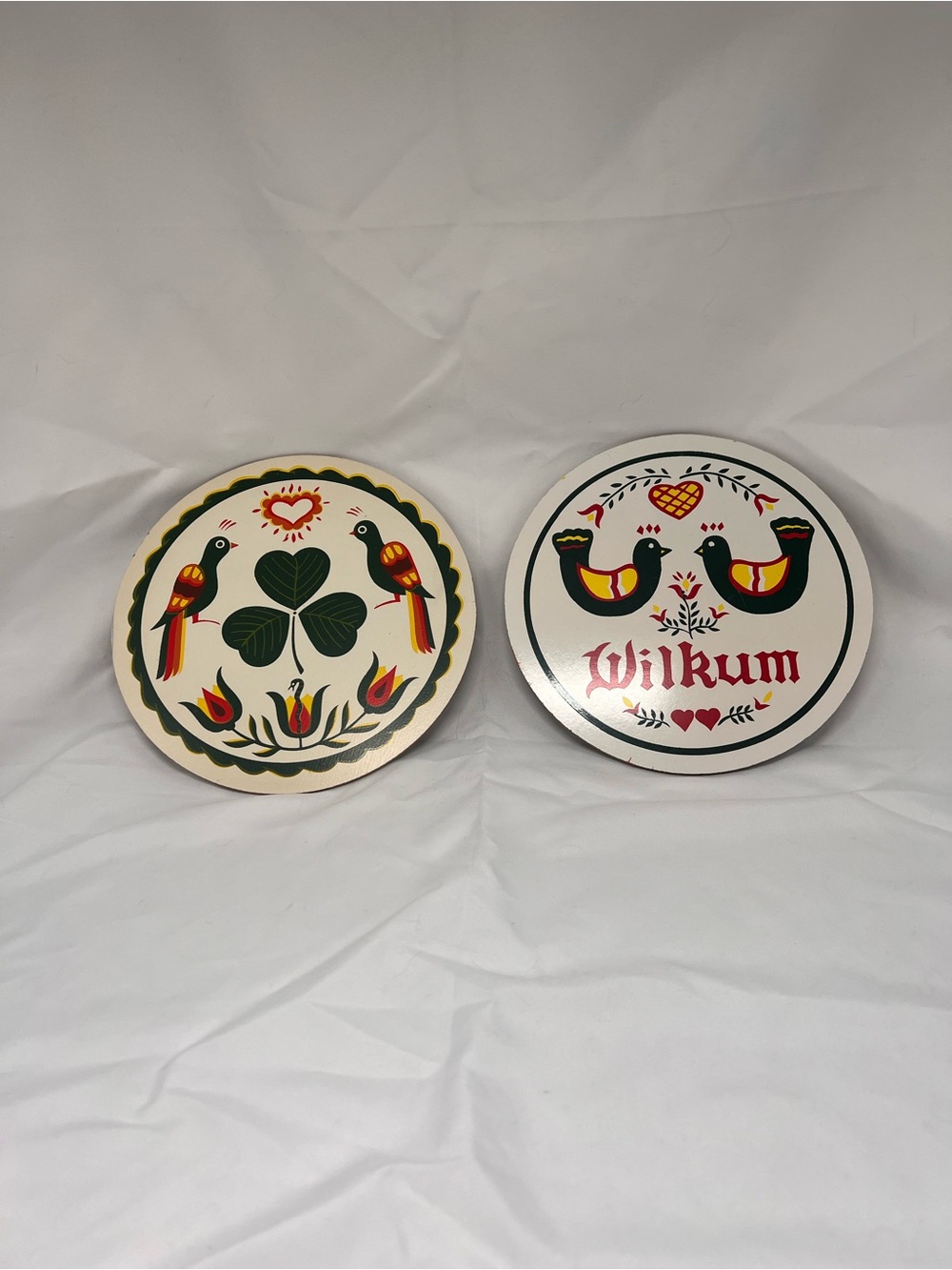 Pair of 7.5” Pennsylvania Dutch Hex Signs Folk Art Wall Decor Clover Bird Motif